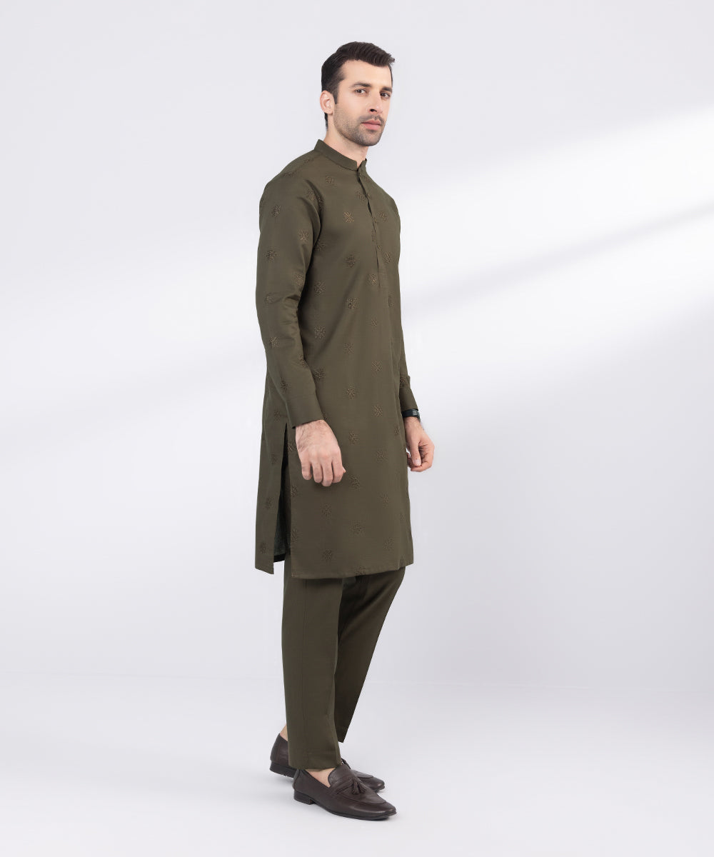 Men's Stitched Brown Embroidered Cotton Suit