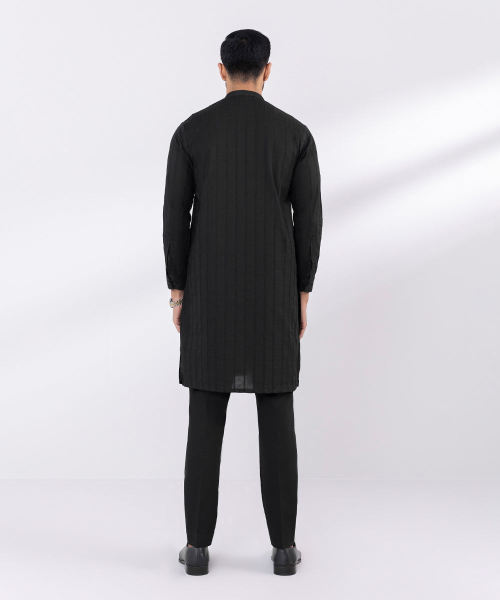 Men's Stitched Embroidered Schiffli Black Straight Hem Kurta Trousers