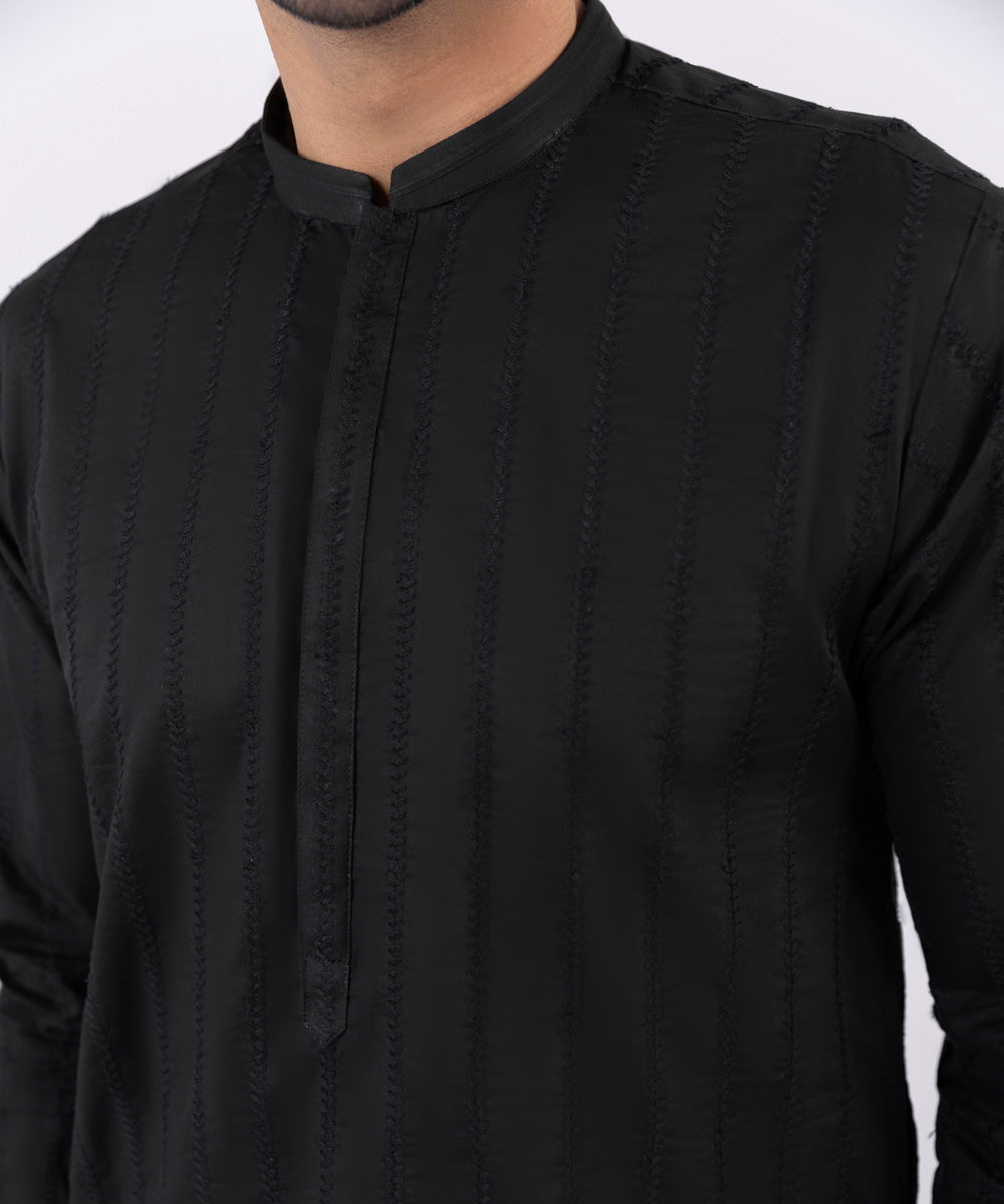 Men's Stitched Embroidered Schiffli Black Straight Hem Kurta Trousers