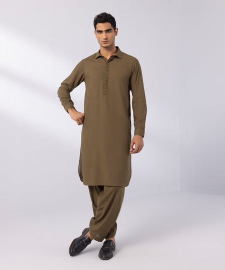 Men's Stitched Wash & Wear Embroidered Black Straight Hem Kurta Shalwar