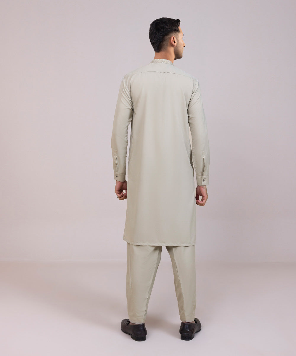 Men's Stitched Embroidered Wash & Wear Beige Straight Hem Kurta Shalwar