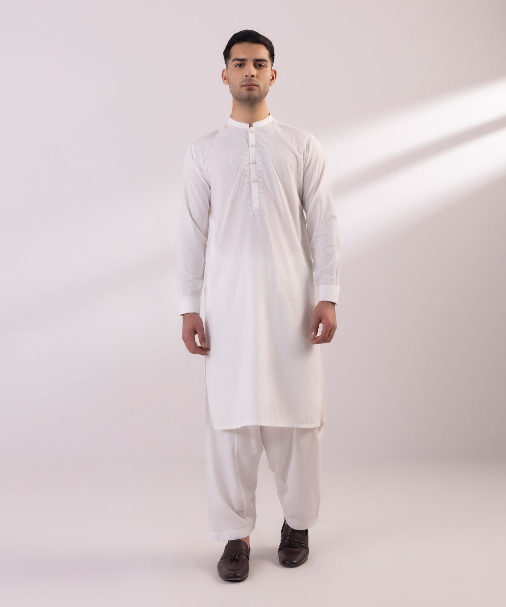 Men's Stitched Embroidered Wash & Wear White Straight Hem Kurta Shalwar