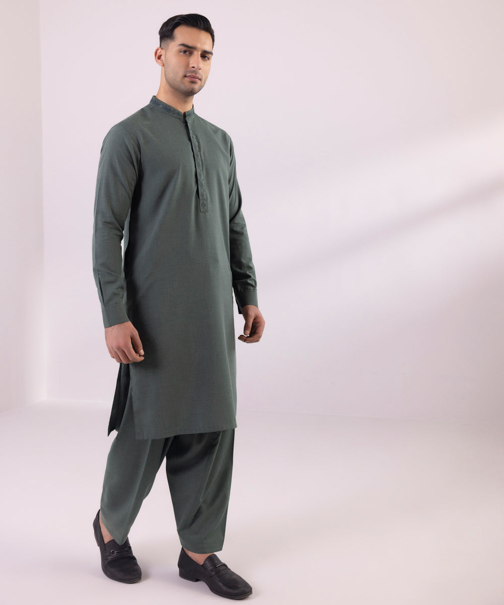 Men's Stitched Embroidered Wash & Wear Dark Grey Straight Hem Kurta Shalwar