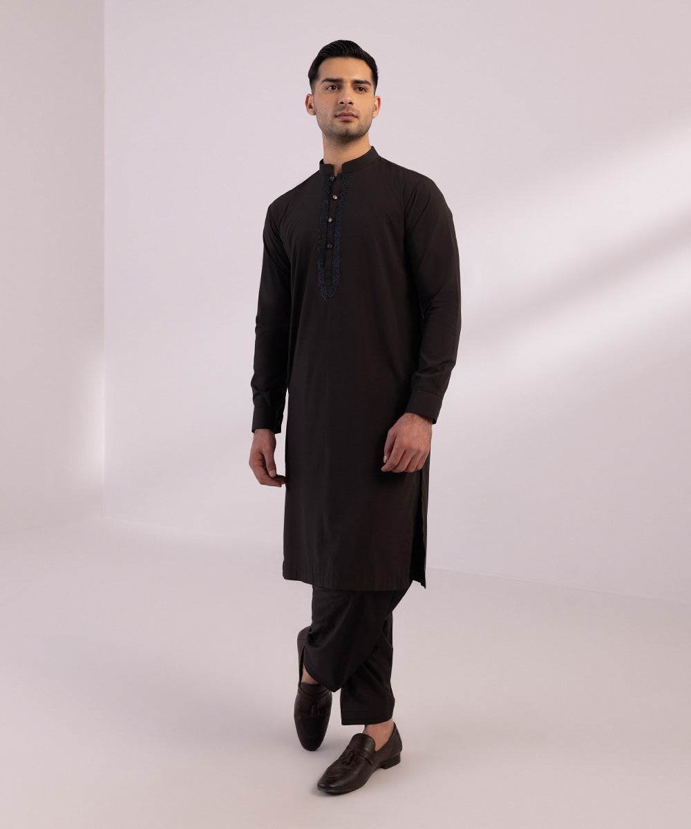 Men's Stitched Embroidered Luxury Poly Modal Black Straight Hem Kurta Shalwar