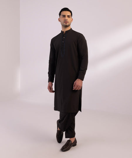 Men's Stitched Embroidered Luxury Poly Modal Black Straight Hem Kurta Shalwar