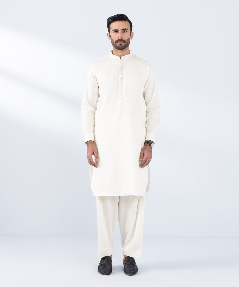 Men's Stitched Embroidered Cream Cotton Dobby Kurta Shalwar