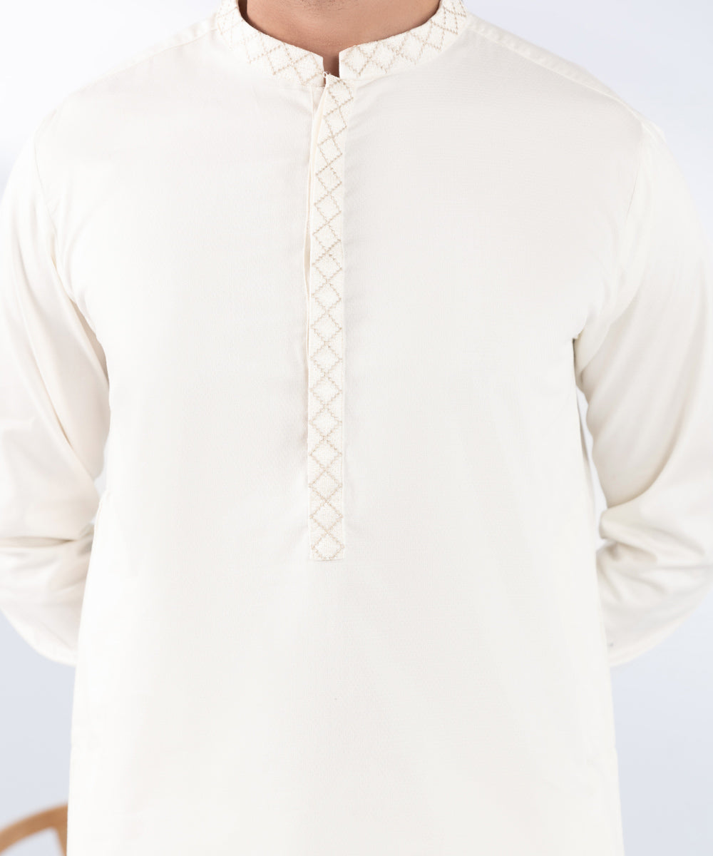 Men's Stitched Embroidered Cream Cotton Dobby Kurta Shalwar