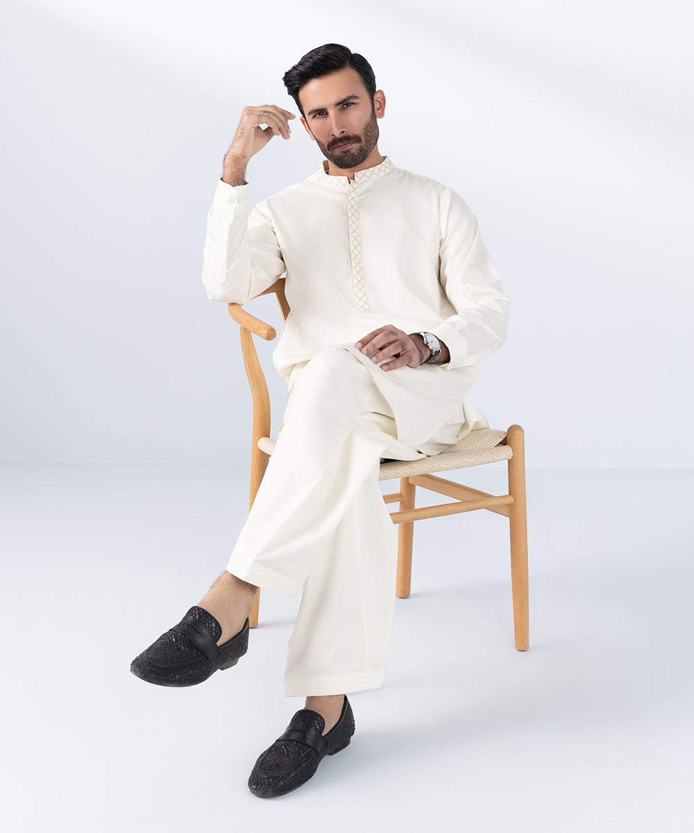 Men's Stitched Embroidered Cream Cotton Dobby Kurta Shalwar