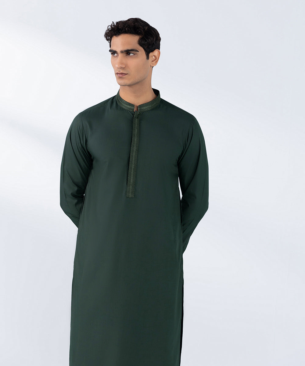 Men's Stitched Embroidered Green Wash & Wear Kurta Shalwar