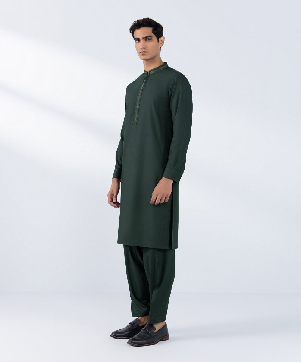 Men's Stitched Embroidered Green Wash & Wear Kurta Shalwar