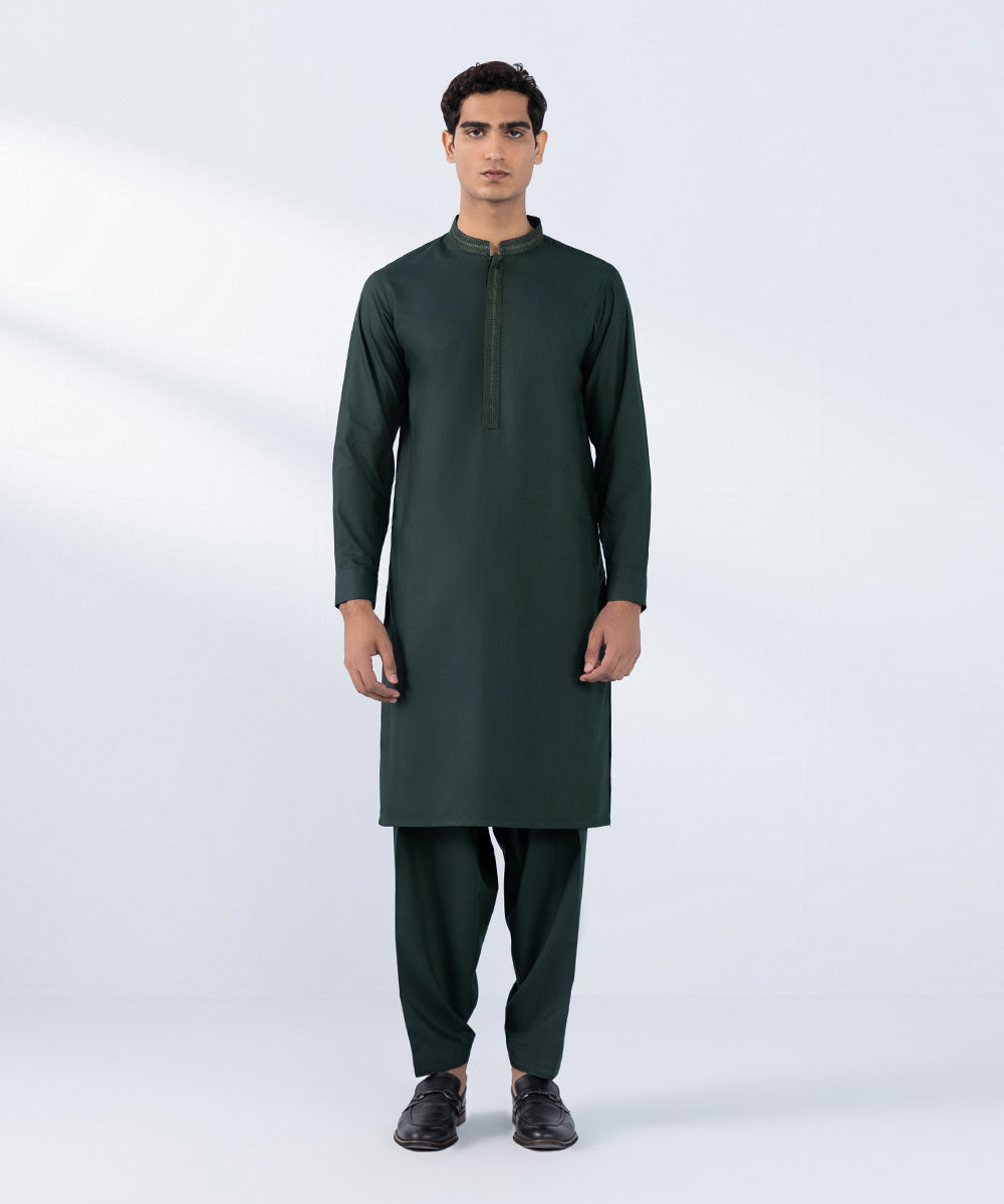 Men's Stitched Embroidered Green Wash & Wear Kurta Shalwar