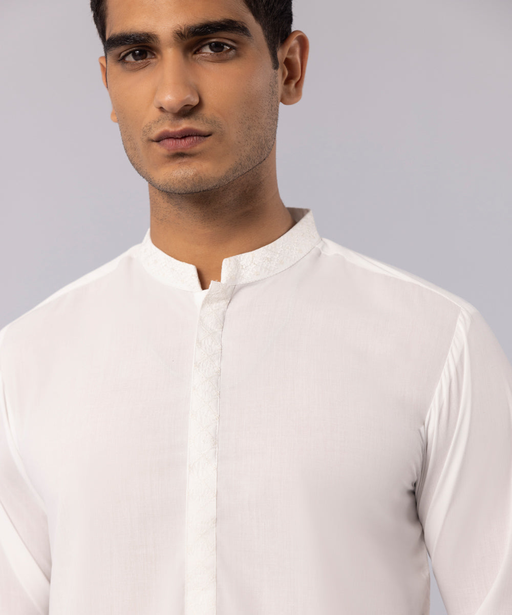 Men's Stitched Wash & Wear Embroidered White Round Hem Kurta Shalwar