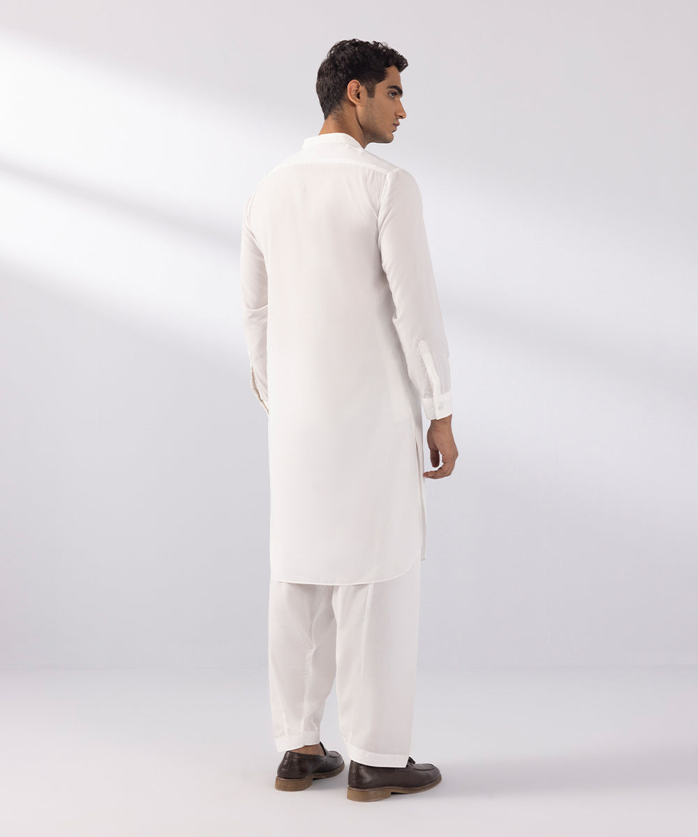 Men's Stitched Wash & Wear Embroidered White Round Hem Kurta Shalwar