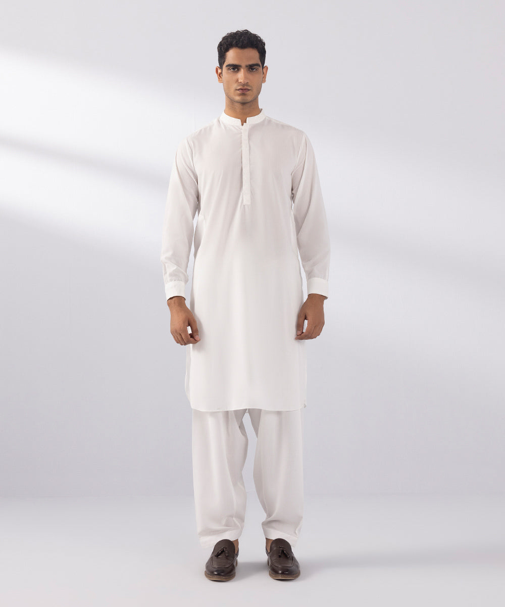 Men's Stitched Wash & Wear Embroidered White Round Hem Kurta Shalwar