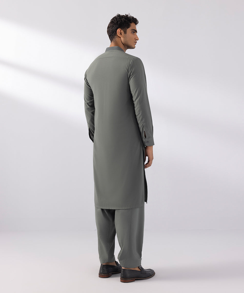 Men's Stitched Wash & Wear Embroidered Green Straight Hem Kurta Shalwar