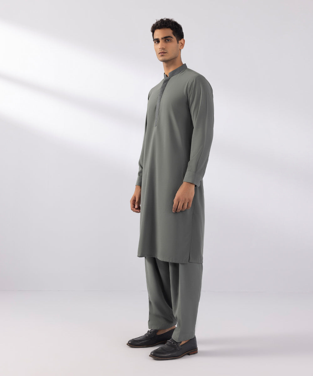 Men's Stitched Wash & Wear Embroidered Green Straight Hem Kurta Shalwar