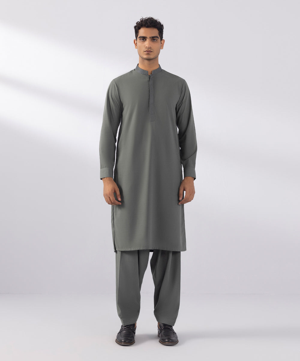 Men's Stitched Wash & Wear Embroidered Green Straight Hem Kurta Shalwar