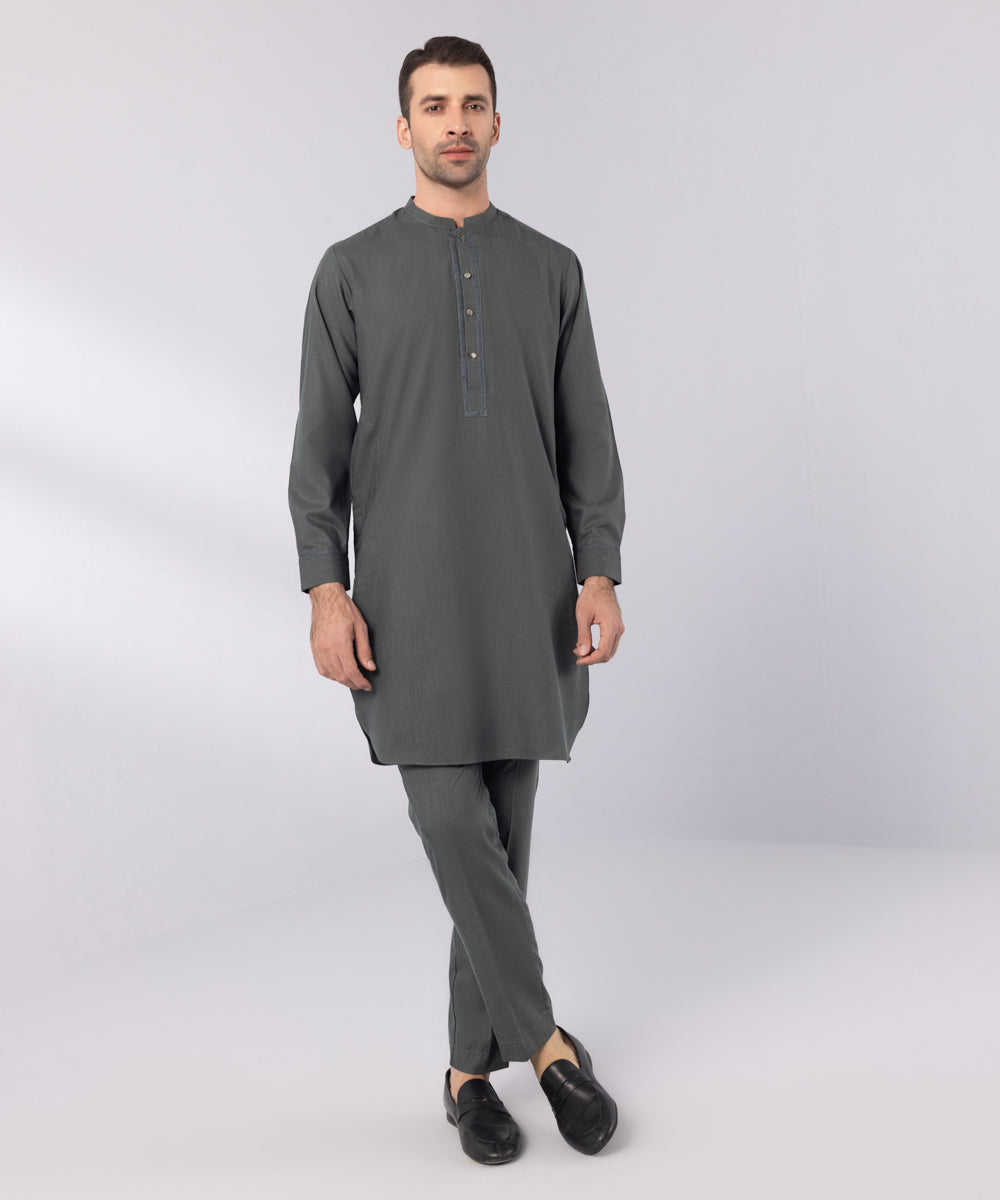 Men's Stitched Fancy Wash & Wear Embroidered Charcoal Round Hem Kurta Trousers