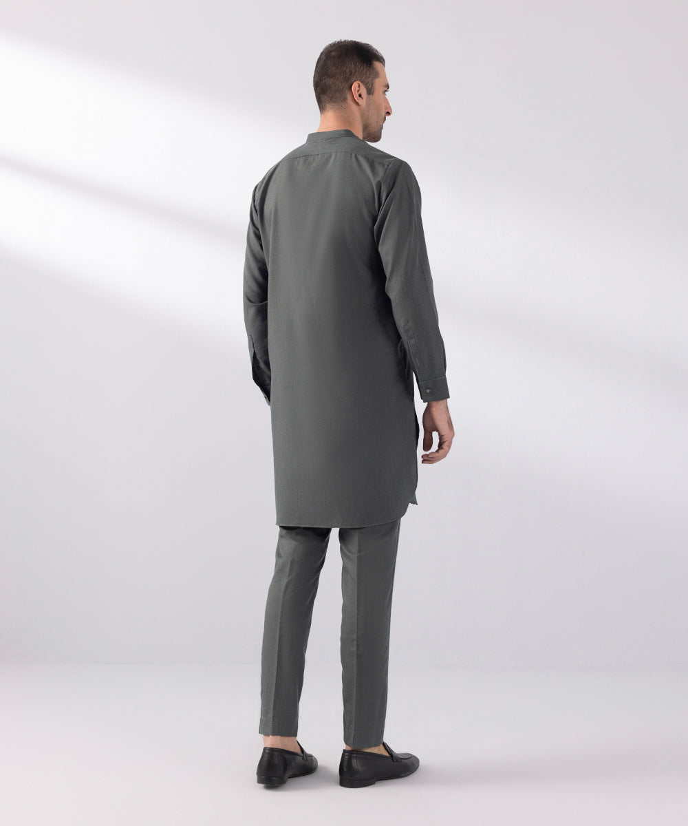 Men's Stitched Fancy Wash & Wear Embroidered Charcoal Round Hem Kurta Trousers