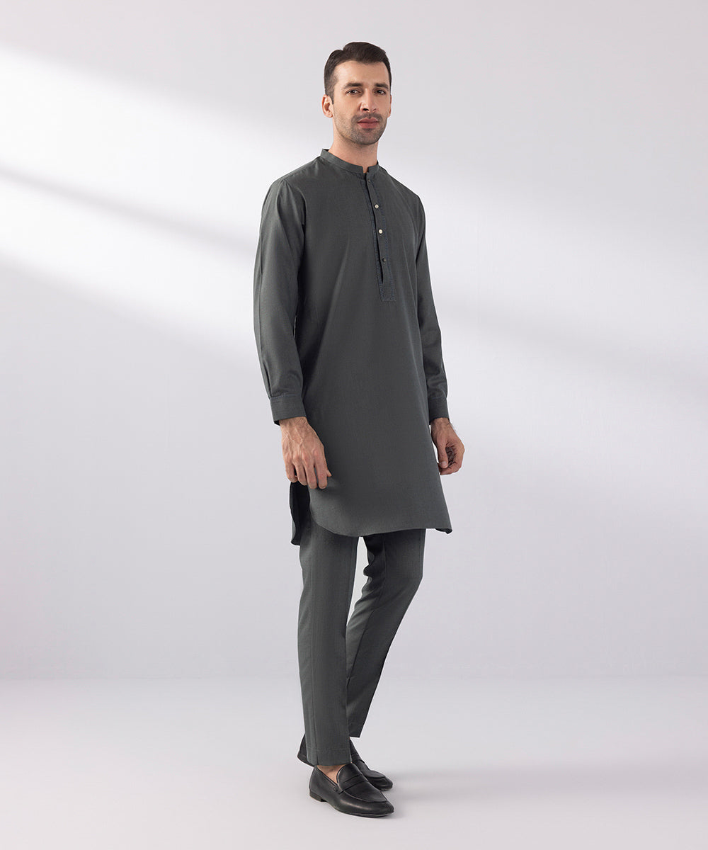 Men's Stitched Fancy Wash & Wear Embroidered Charcoal Round Hem Kurta Trousers