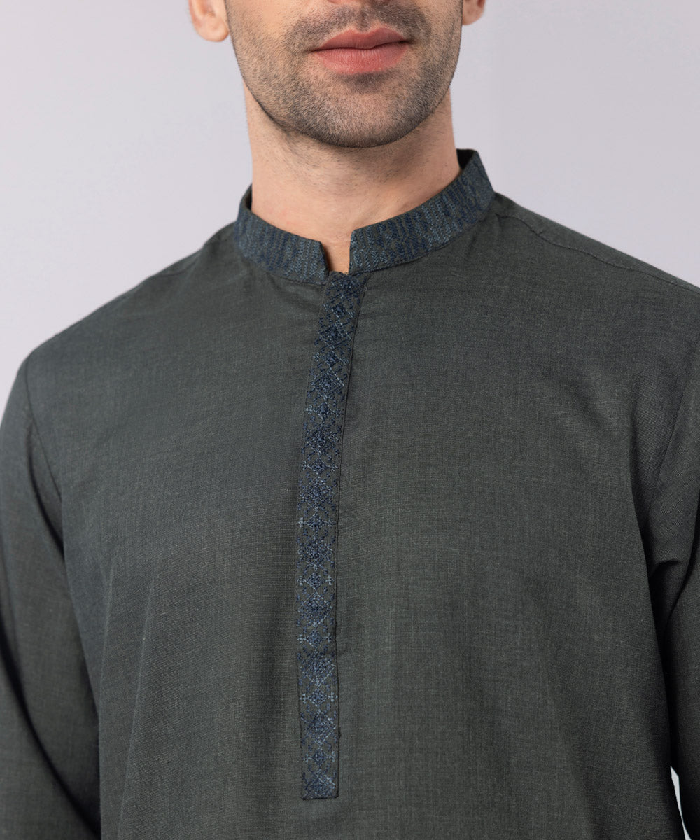 Men's Stitched Fancy Wash & Wear Embroidered Charcoal Round Hem Kurta Shalwar