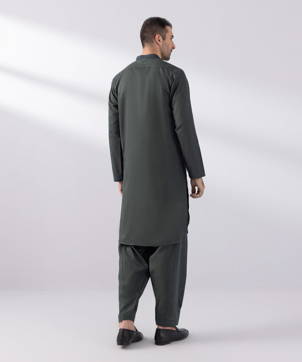 Men's Stitched Fancy Wash & Wear Embroidered Charcoal Round Hem Kurta Shalwar