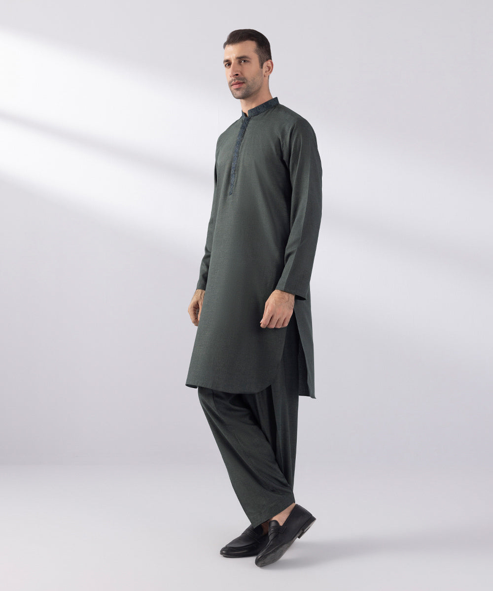 Men's Stitched Fancy Wash & Wear Embroidered Charcoal Round Hem Kurta Shalwar