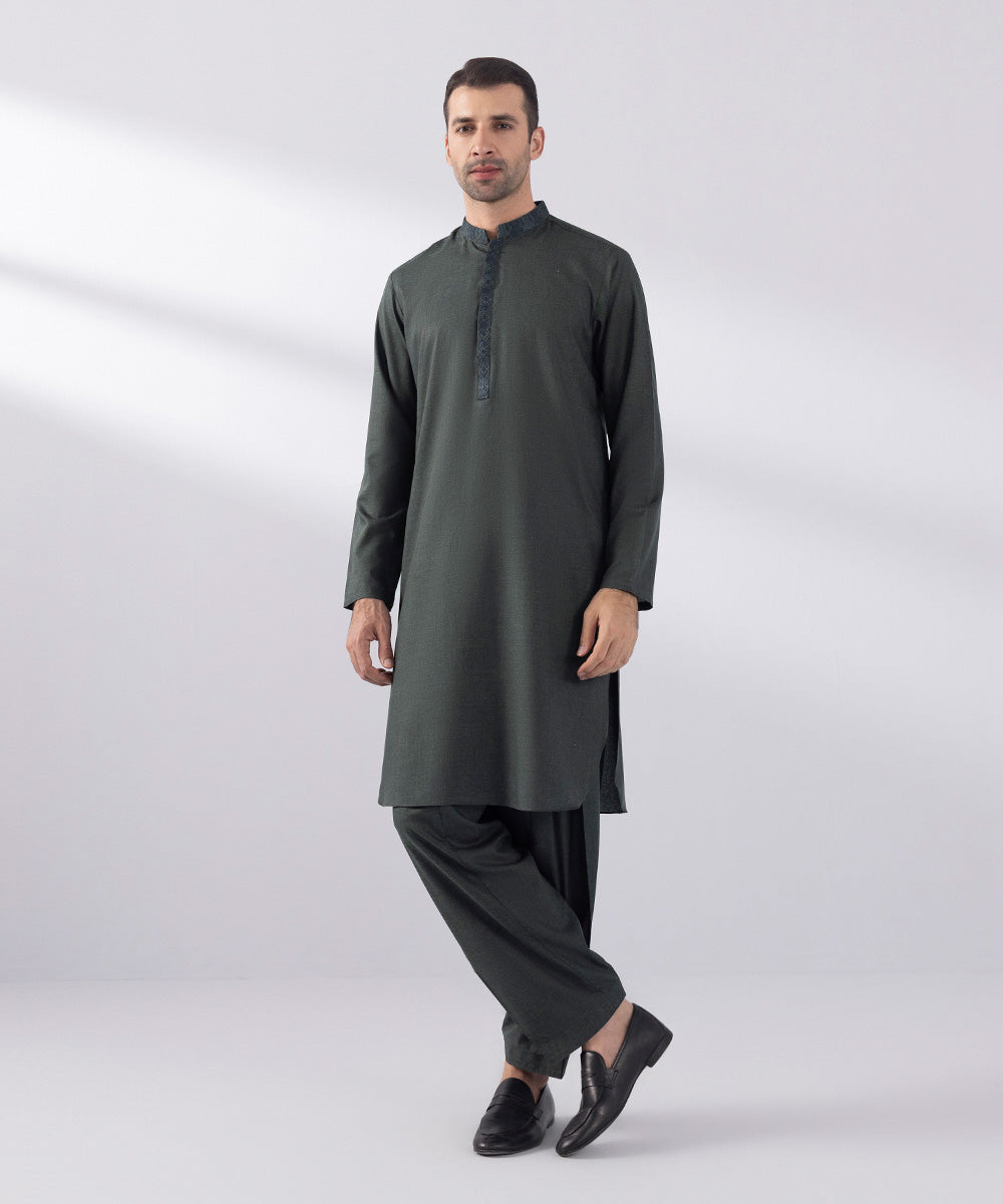 Men's Stitched Fancy Wash & Wear Embroidered Charcoal Round Hem Kurta Shalwar