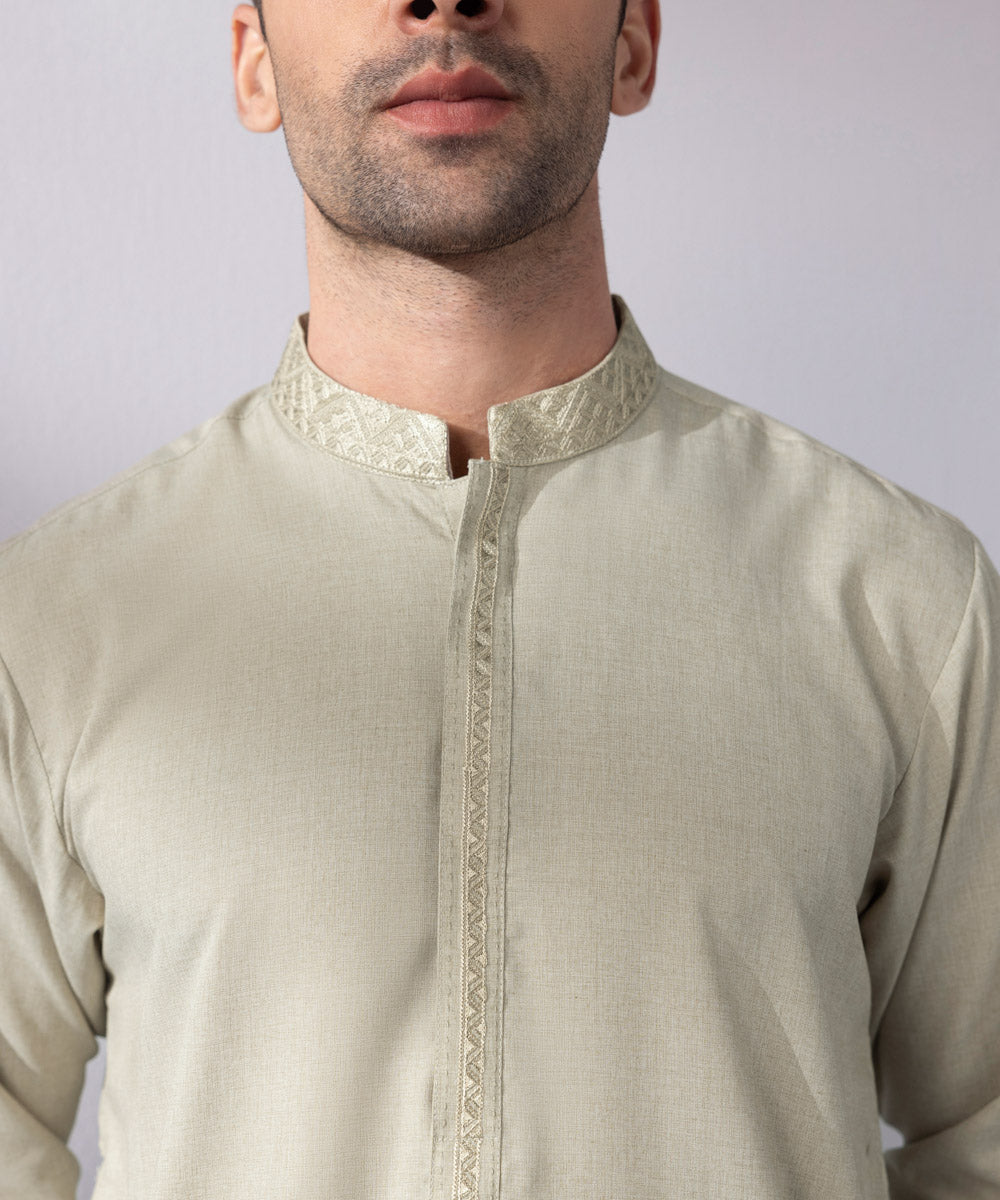 Men's Stitched Fancy Wash & Wear Embroidered Coffee Cream Straight Hem Kurta Shalwar