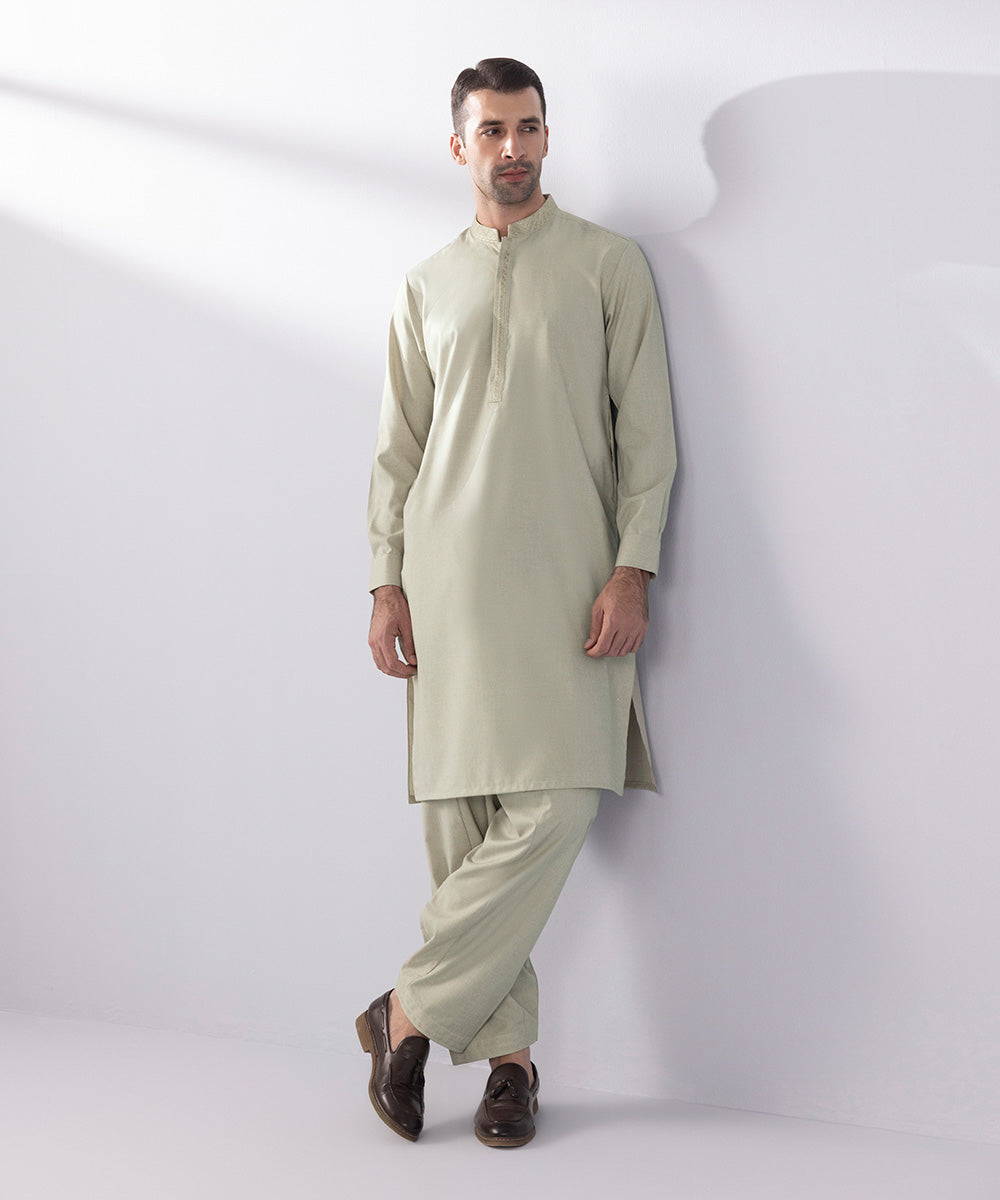 Men's Stitched Fancy Wash & Wear Embroidered Coffee Cream Straight Hem Kurta Shalwar