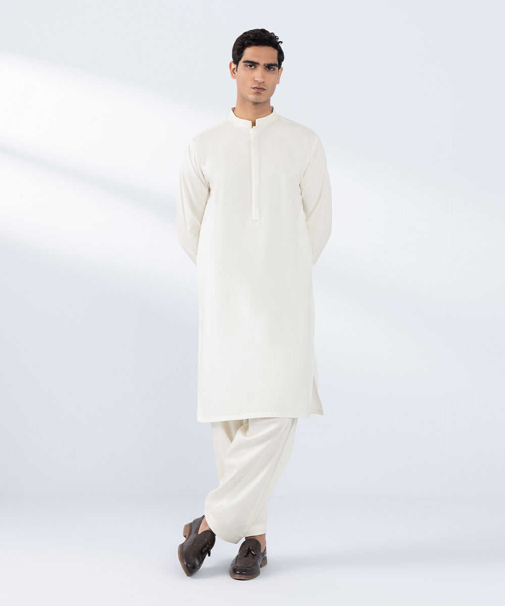 Men's Stitched Embroidered Cream Wash & Wear Kurta Shalwar