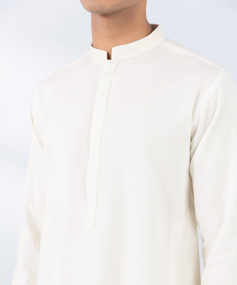 Men's Stitched Embroidered Cream Wash & Wear Kurta Shalwar