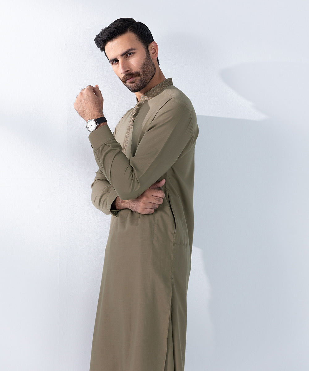 Men's Stitched Embroidered Khaki Wash & Wear Kurta Shalwar