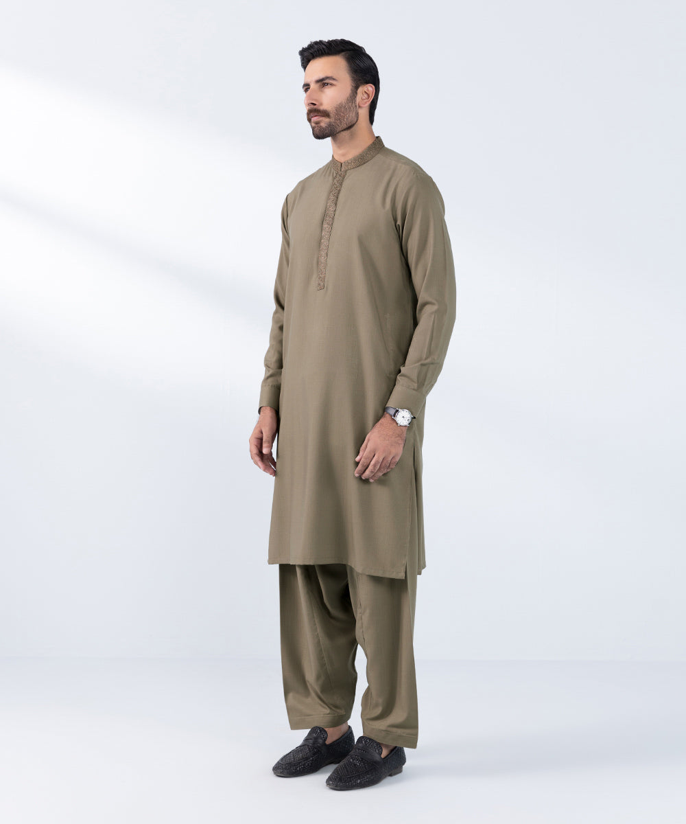 Men's Stitched Embroidered Khaki Wash & Wear Kurta Shalwar