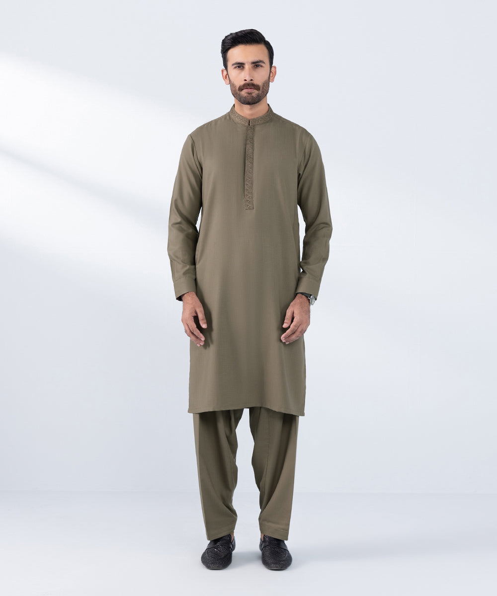 Men's Stitched Embroidered Khaki Wash & Wear Kurta Shalwar