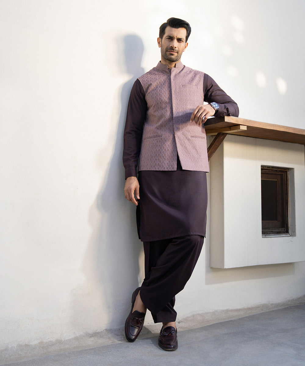 Men's Stitched Wash & Wear Embroidered Maroon Round Hem Kurta Shalwar