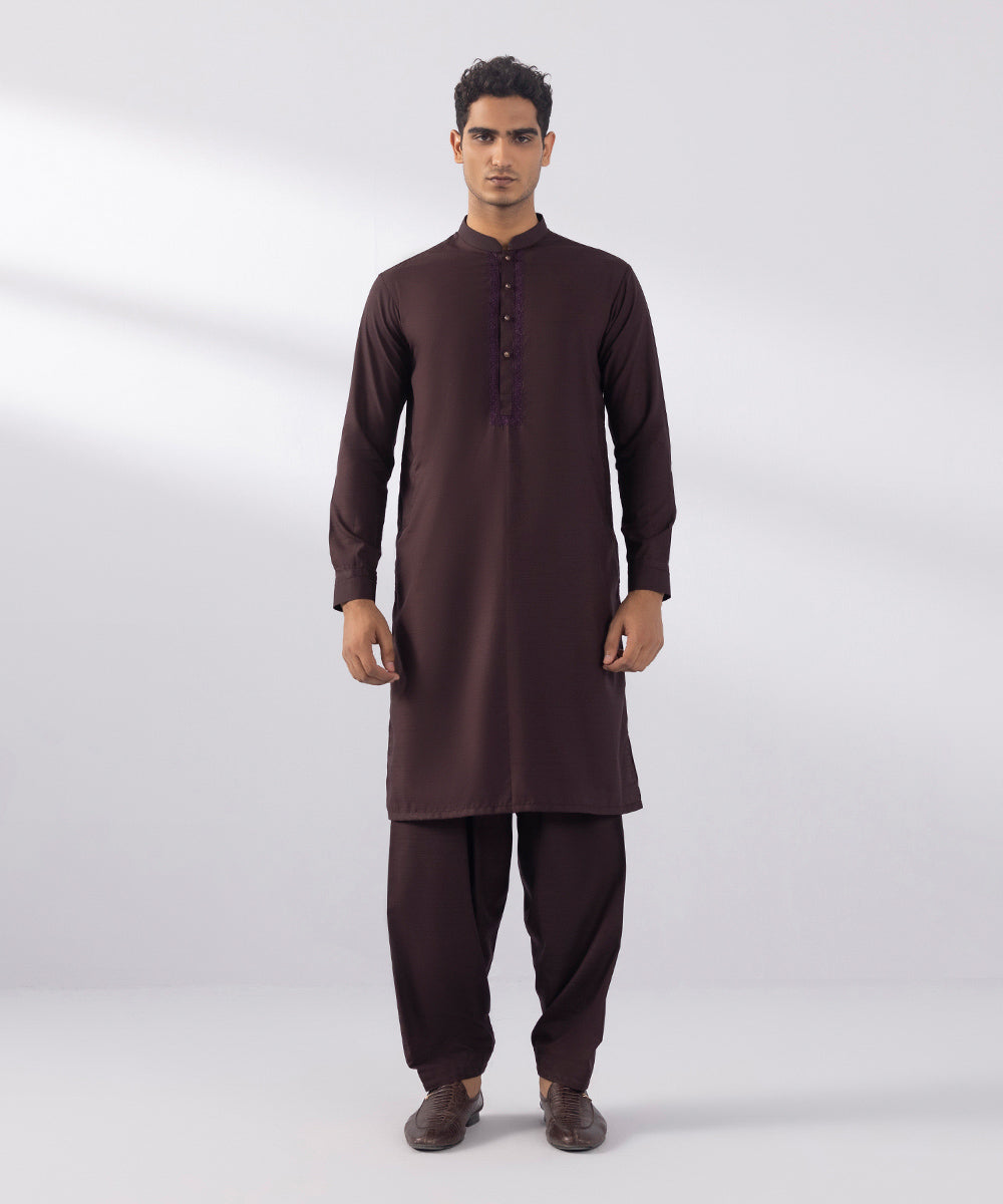 Men's Stitched Wash & Wear Embroidered Maroon Round Hem Kurta Shalwar