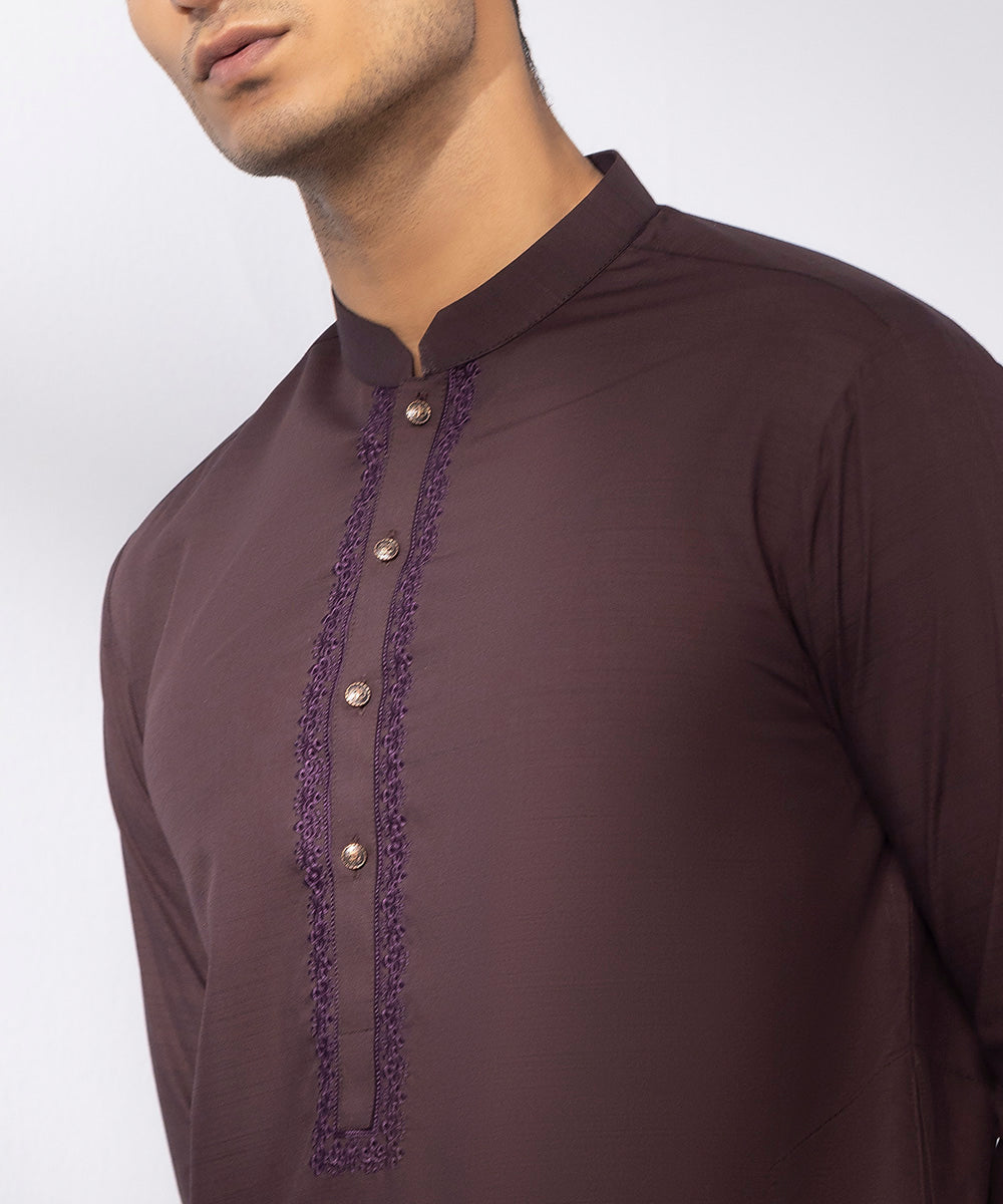 Men's Stitched Wash & Wear Embroidered Maroon Round Hem Kurta Shalwar