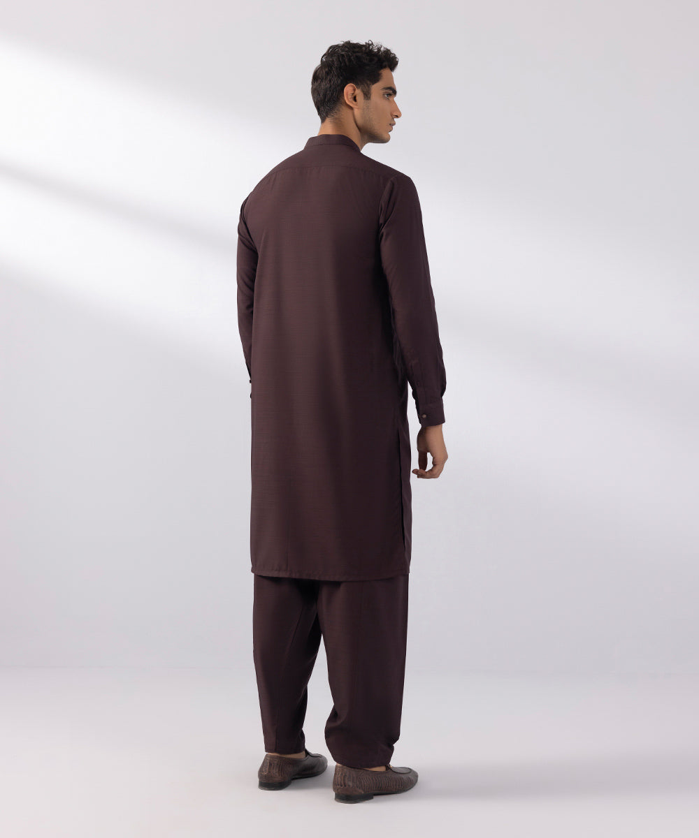 Men's Stitched Wash & Wear Embroidered Maroon Round Hem Kurta Shalwar