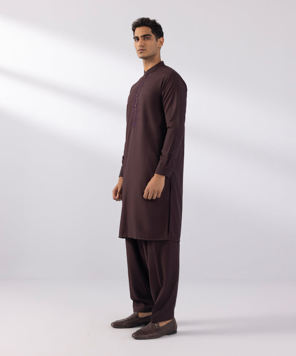 Men's Stitched Wash & Wear Embroidered Maroon Round Hem Kurta Shalwar