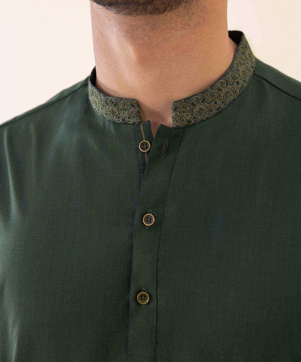 Men's Stitched Summer Wash & Wear Olive Green Straight Hem Kurta