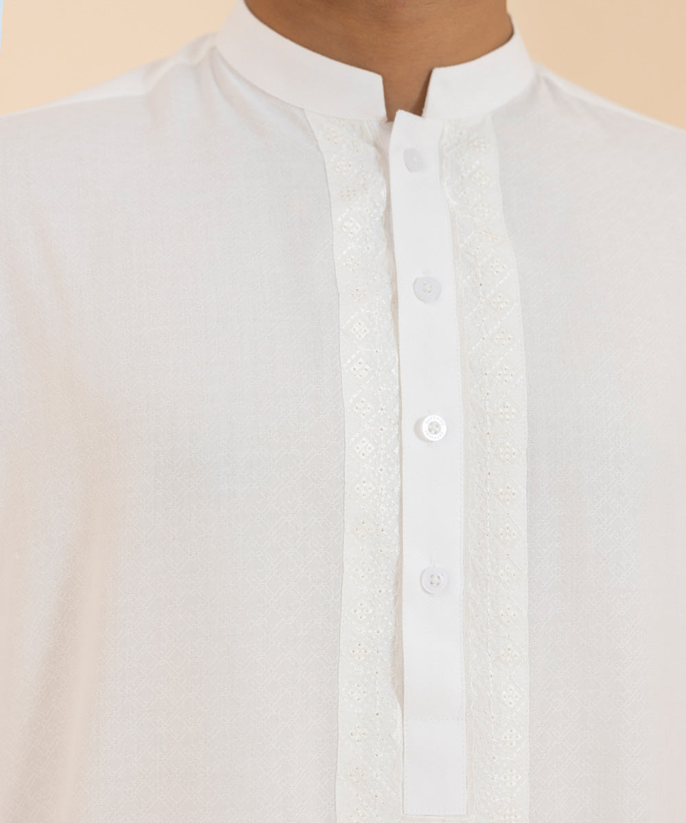 Men's Stitched Wash & Wear Jacquard White Straight Hem Embroidered Kurta