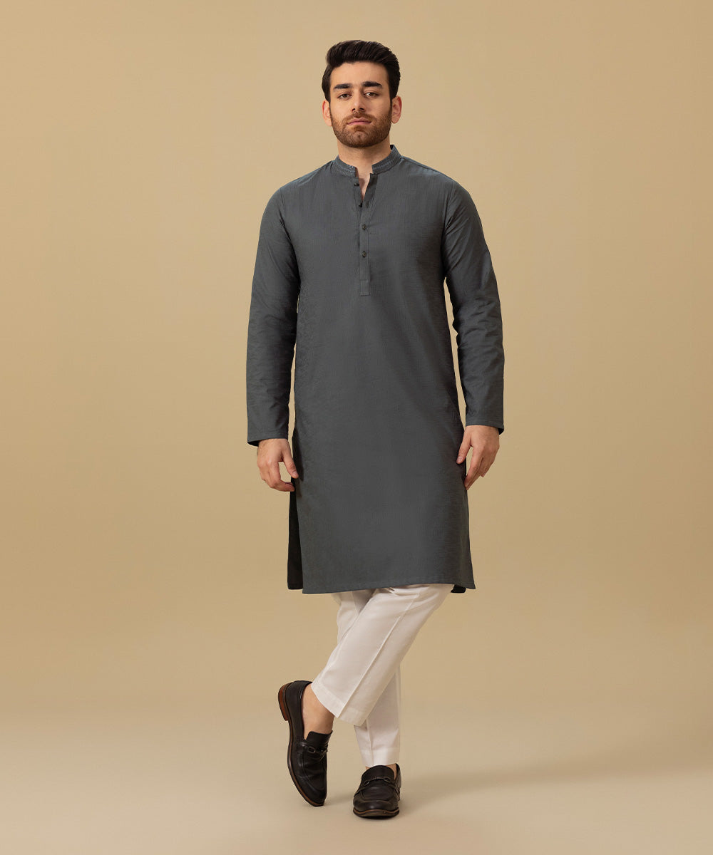 Men's Stitched Winter Cotton Jacquard Grey Straight Hem Kurta