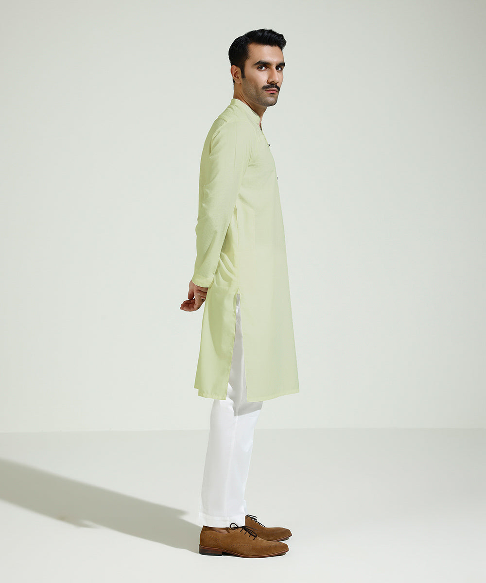 Men's Eid Stitched Wash & Wear Jacquard Embroidered Cream Straight Hem Kurta