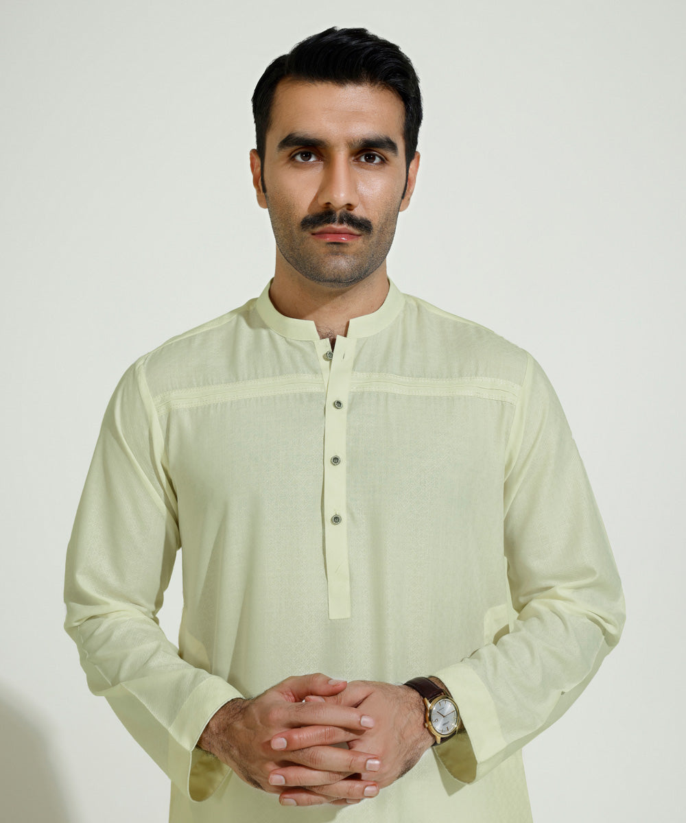 Men's Eid Stitched Wash & Wear Jacquard Embroidered Cream Straight Hem Kurta