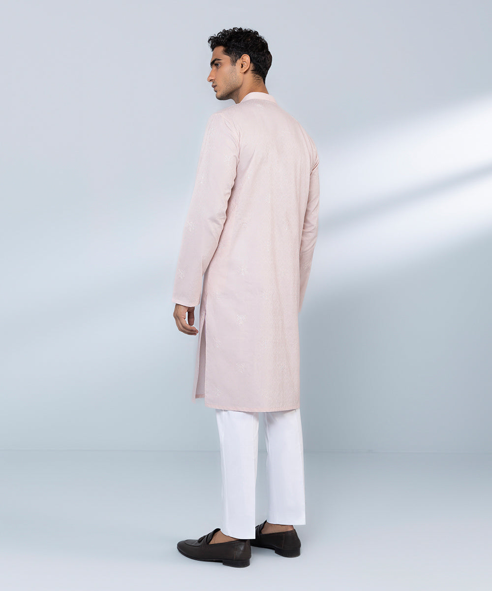 Men's Stitched Cotton Jacquard Embroidered Pink Straight Hem Kurta