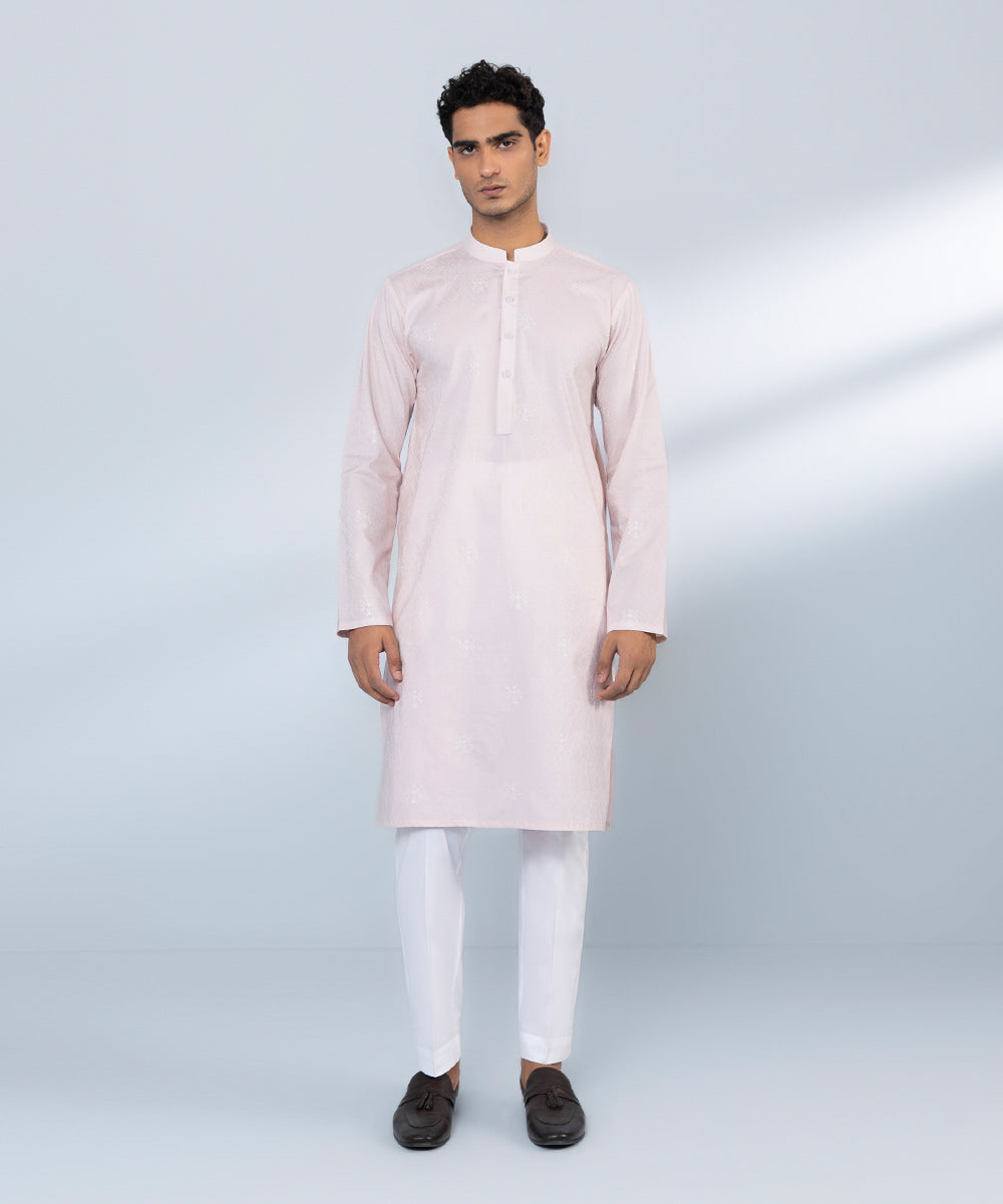 Men's Stitched Cotton Jacquard Embroidered Pink Straight Hem Kurta