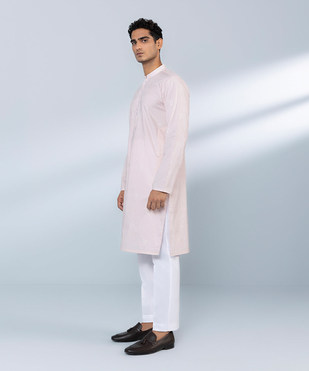 Men's Stitched Cotton Jacquard Embroidered Pink Straight Hem Kurta