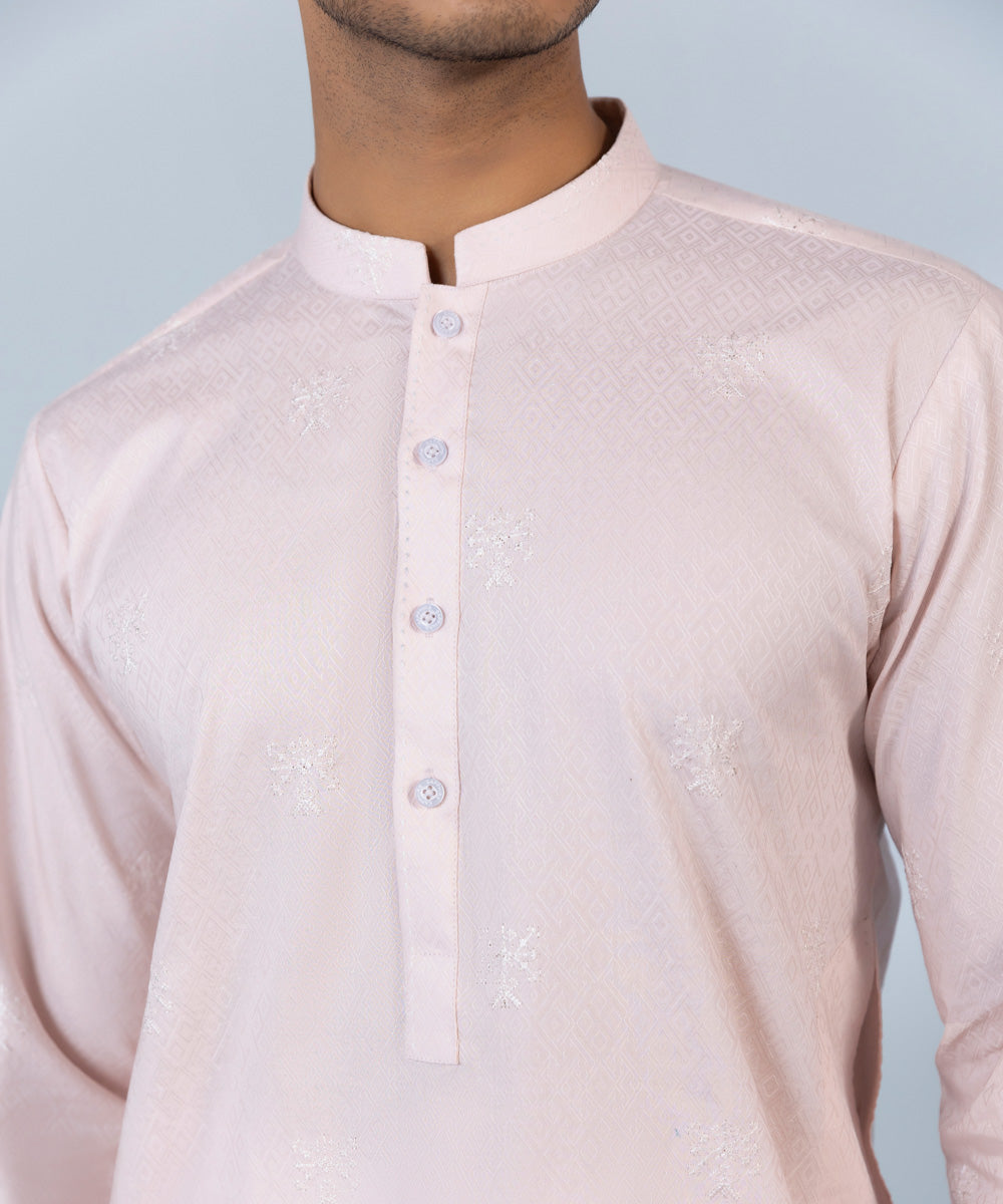 Men's Stitched Cotton Jacquard Embroidered Pink Straight Hem Kurta