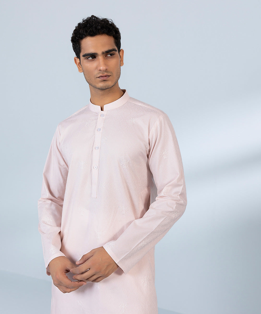 Men's Stitched Cotton Jacquard Embroidered Pink Straight Hem Kurta